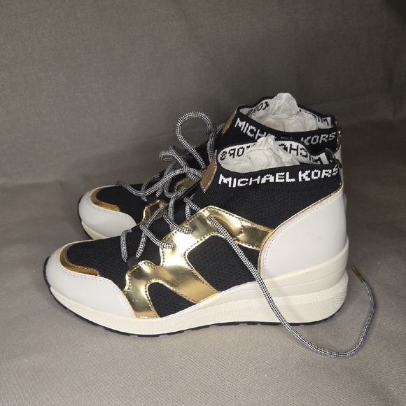 Michael Kors Hilda Knit & Leather Sock Wedge Heel Lace Up Trainers Sneakers - Picture 4 of 13